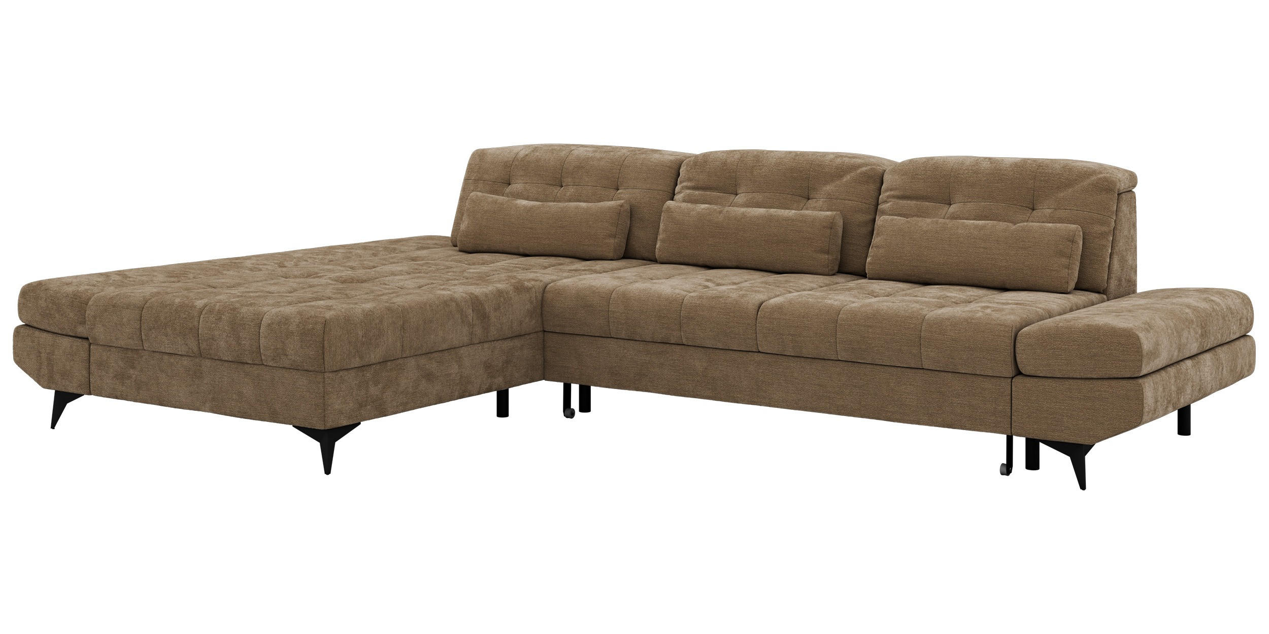 ECKSOFA ALVENO L - Hellbraun Schenille glatt - Links Seite - Hellbraun/Schwarz, Textil/Metall (218/344cm) - MKS