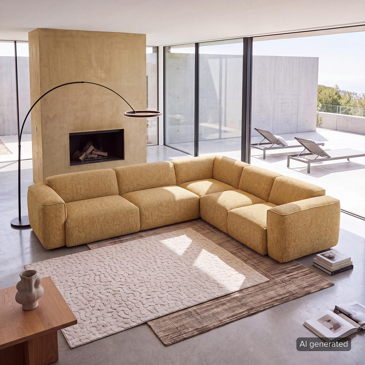 ECKSOFA mit Rundecke - Schwarz/Honig, Kunststoff/Textil (325/260cm) - home24