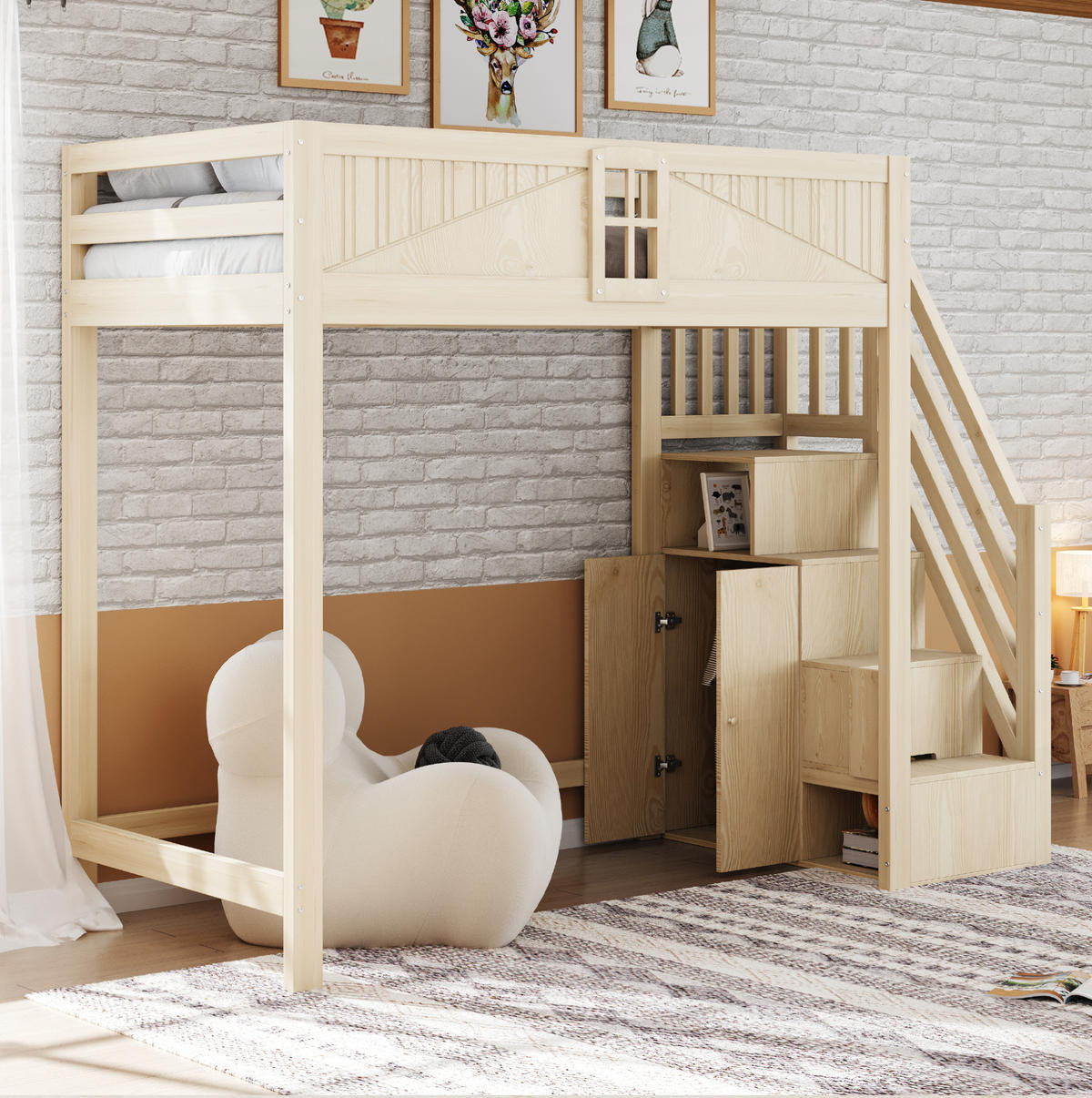 VISOKI krevet 90/200 cm s izmjenjivim bočnim ljestvama, bočnom pohranom i sigurnosnim ogradama, Prirodna boja drva - prirodne boje, drvni materijal (90/200cm) - Redom