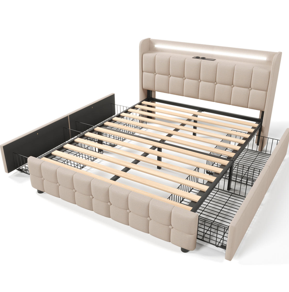 POLSTERBETT 140/200 cm mit Matratze,LED-Beleuchtung, USB-Anschlüssen, Steckdosen, 4 Schubladen, Beige - Beige, Holz (140/140cm) - Redom
