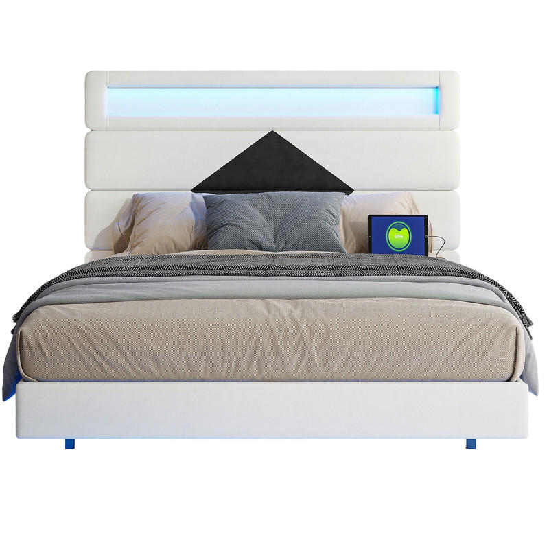POLSTERBETT 140/190 cm beige Samt mit LED USB Kopfteil - Beige, Holz