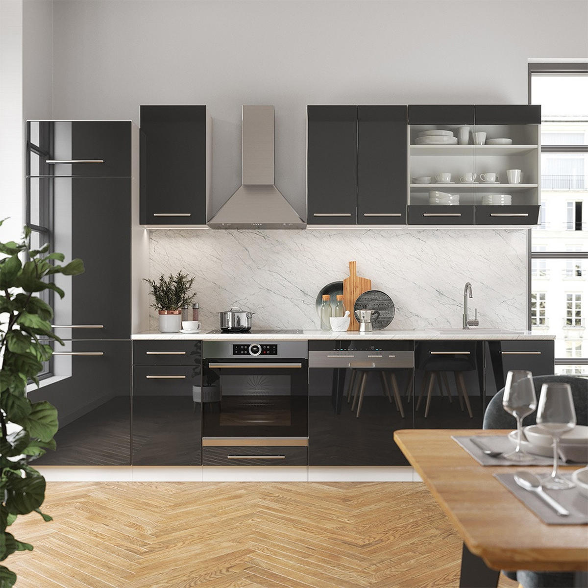 KUCHYNSKÝ KÚT Fame-Line Antracit vysoký lesk/biela 300 cm , AP Marble - biela/čierna s vysokým leskom, kompozitné drevo (300/206.8/60cm) - Vicco