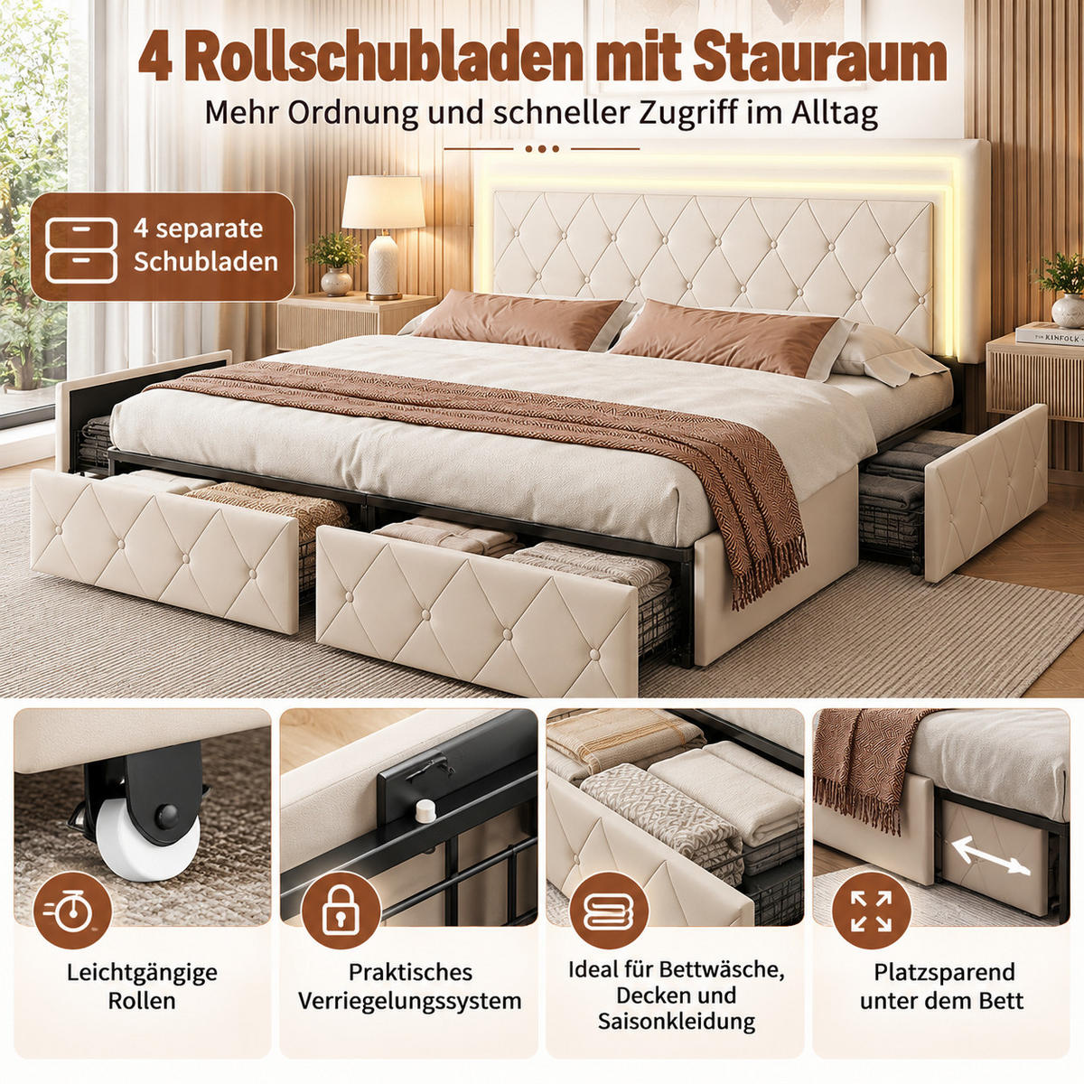 POLSTERBETT 140/200 cm Beige mit LED-Kopfteil, 4 Schubladen und Stauraum, Doppelbett gepolstert - Beige, Holz/Metall (140/200cm) - Joyfair
