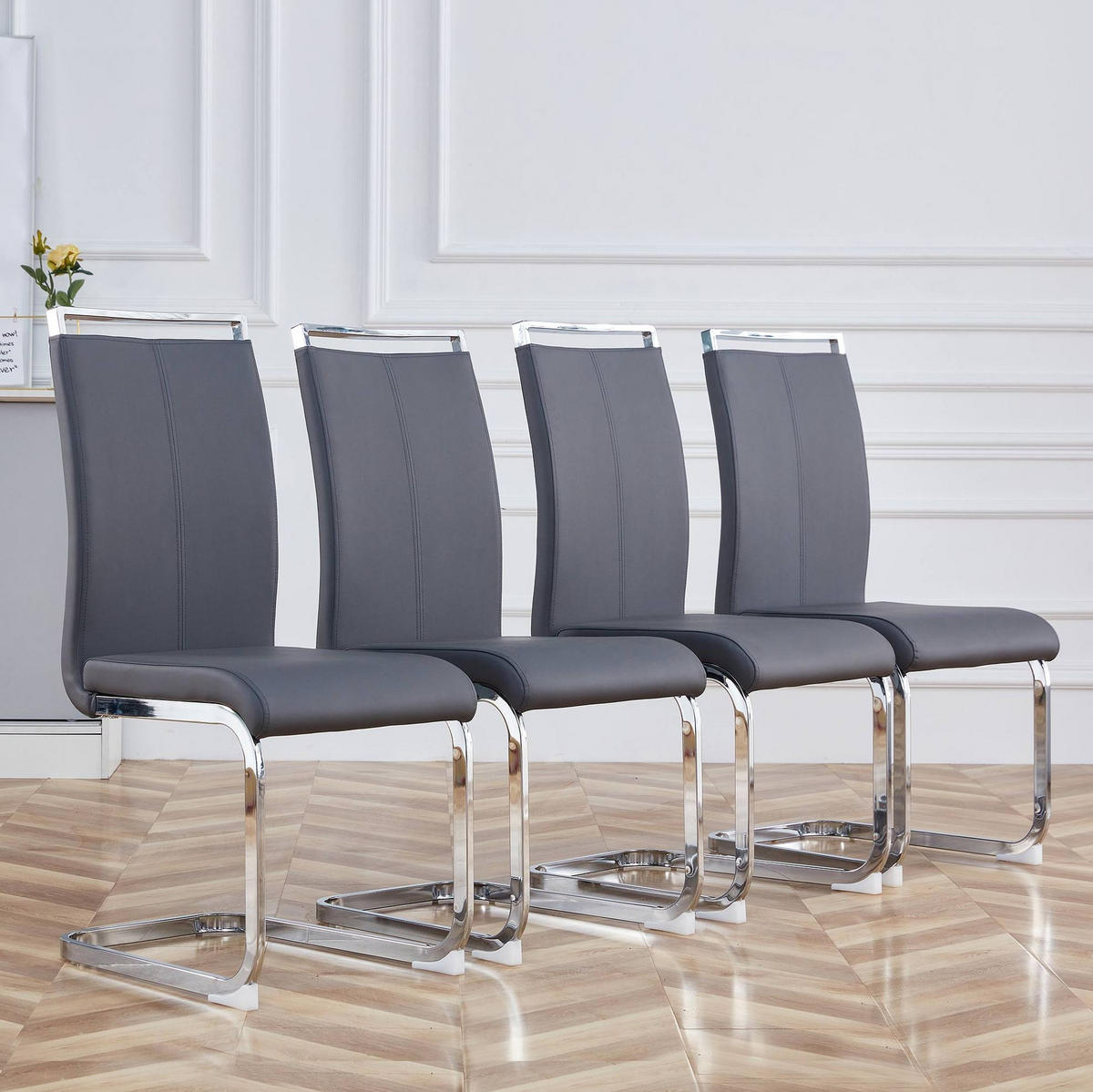 FREISCHWINGER 4er-Set Kunstleder Grau verchromtes Metallgestell - Grau, Metall (42/100/54cm) - Meubliv