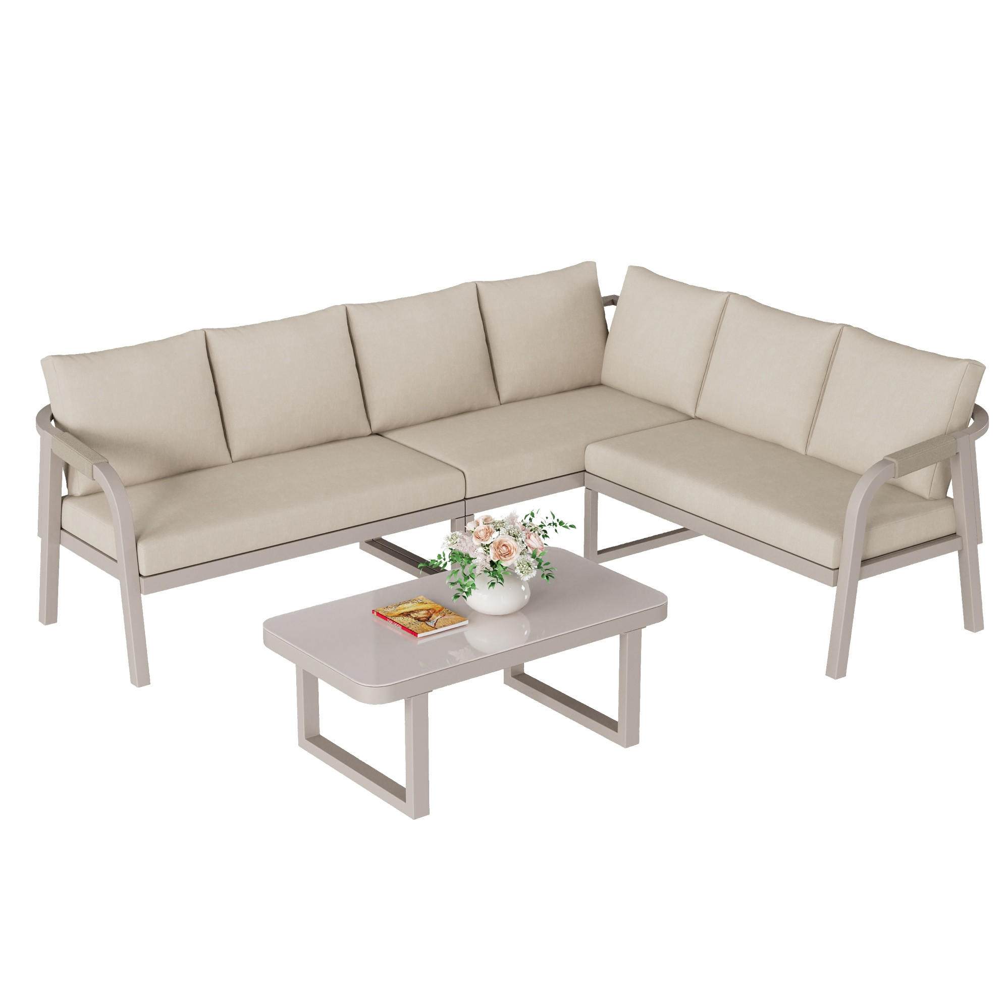 GARTENMÖBEL-SET mit Ecksofa, Couchtisch, Seilgeflecht und Glasplatte, Beige - Beige, Metall - Redom