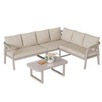 GARTENMÖBEL-SET mit Ecksofa, Couchtisch, Seilgeflecht und Glasplatte, Beige - Beige, Metall - Redom