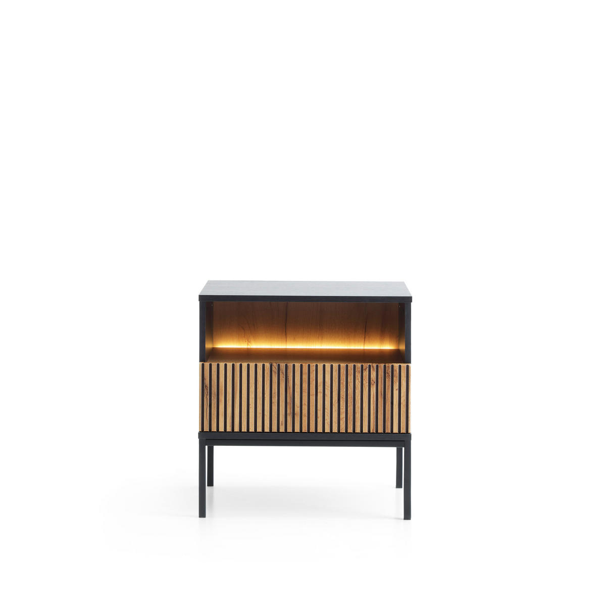NACHTTISCH Sentino Schwarz, mit Schublade und LED - Eiche Wotan/Schwarz, Holzwerkstoff/Metall (54/56/39cm) - Bettso