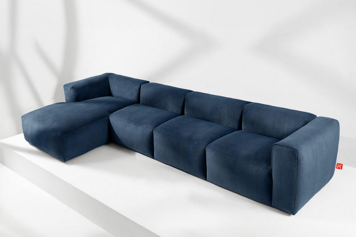 ECKMODULSOFA-LINKS BUFFO 6-Sitzer mit extrem weicher Sitzfläche, Kordstoff, marineblau - Blau/Grün, Textil (377/180cm) - KONSIMO®