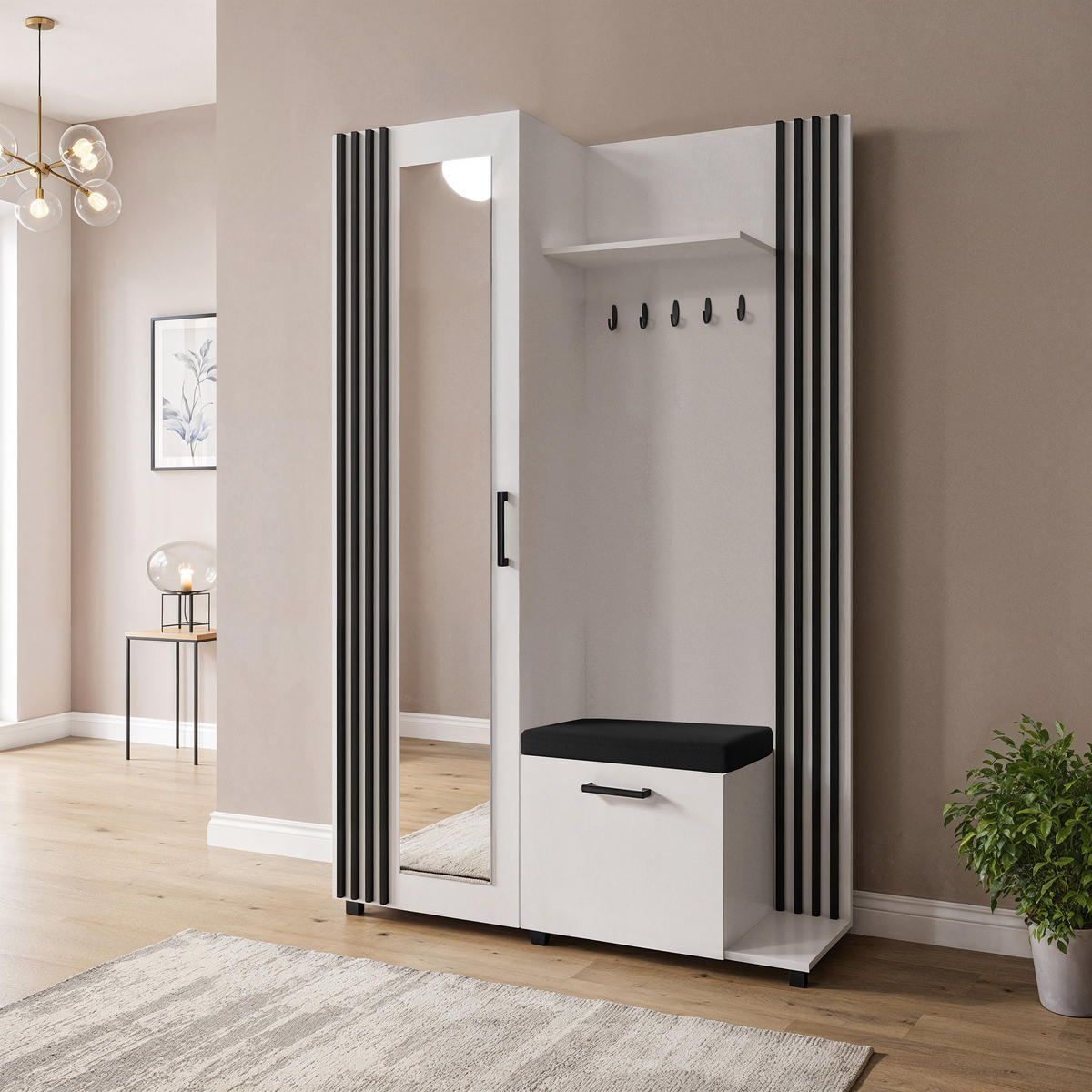 GARDEROBENSCHRANK ARMADIO 137/207/42 cm Modern Garderobe-Set Weiß - Schwarz/Weiß, Holzwerkstoff (137/207/42cm) - MASSENO