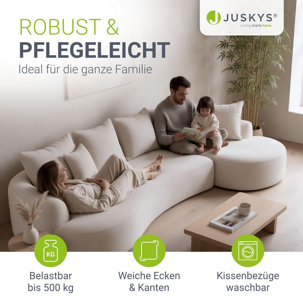 SOFA Tirano Bouclé Creme mit Ottomane rechts - Creme, Textil (300/102cm) - Juskys
