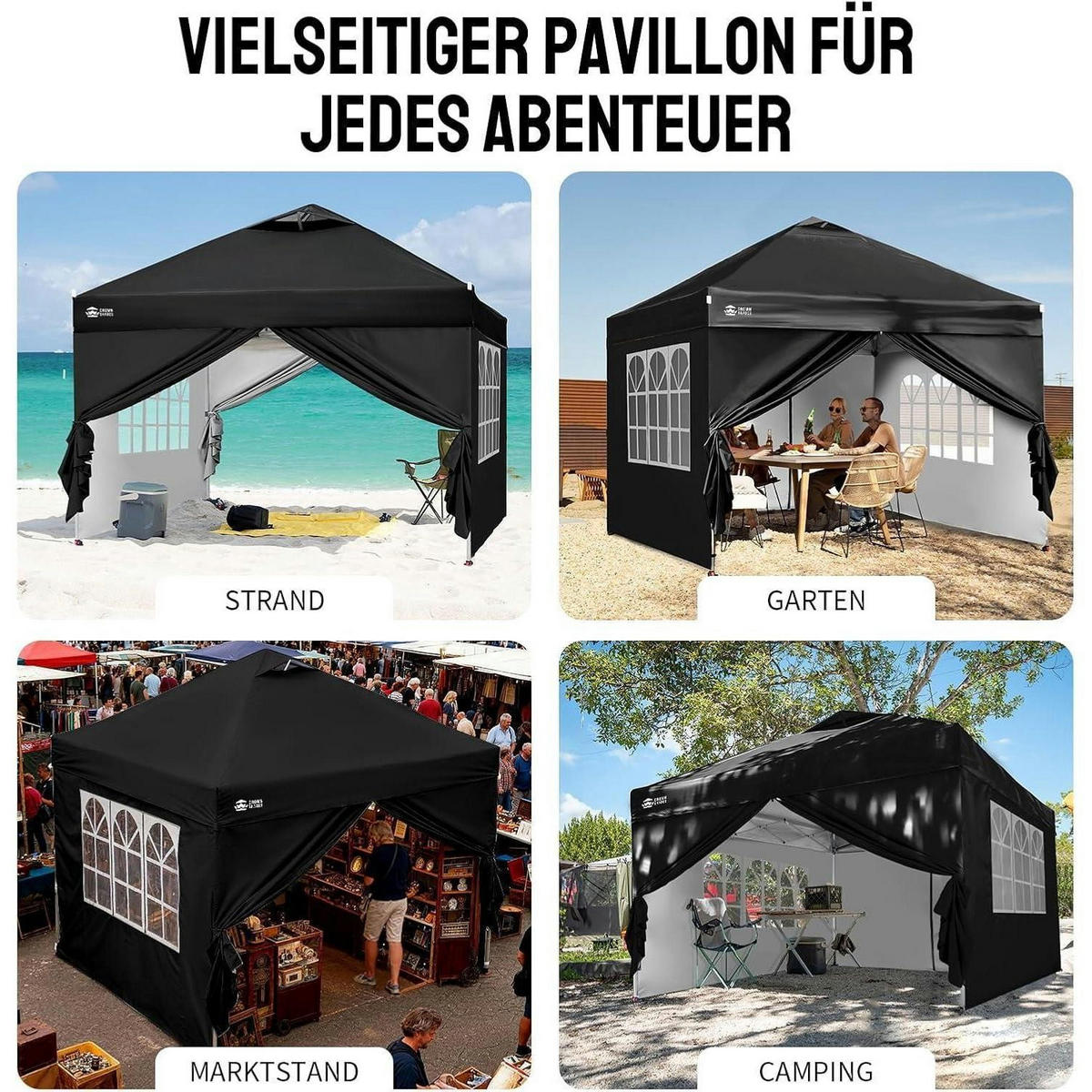 FALTPAVILLON 3x3 m wasserdicht mit 4 Seitenteilen UV-Schutz 50+ Schwarz - Schwarz, Textil (300/284/300cm)