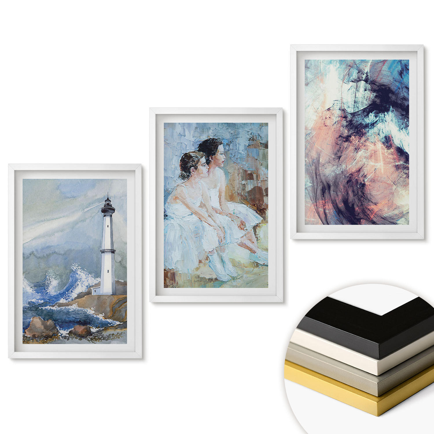 WANDBILDER 3er-Set - 40x60 cm Weißer Rahmen - Leuchtturm-Abstrakte Tänzerin - Weiß, Kunststoff (40/60cm) - ArtPrintCave