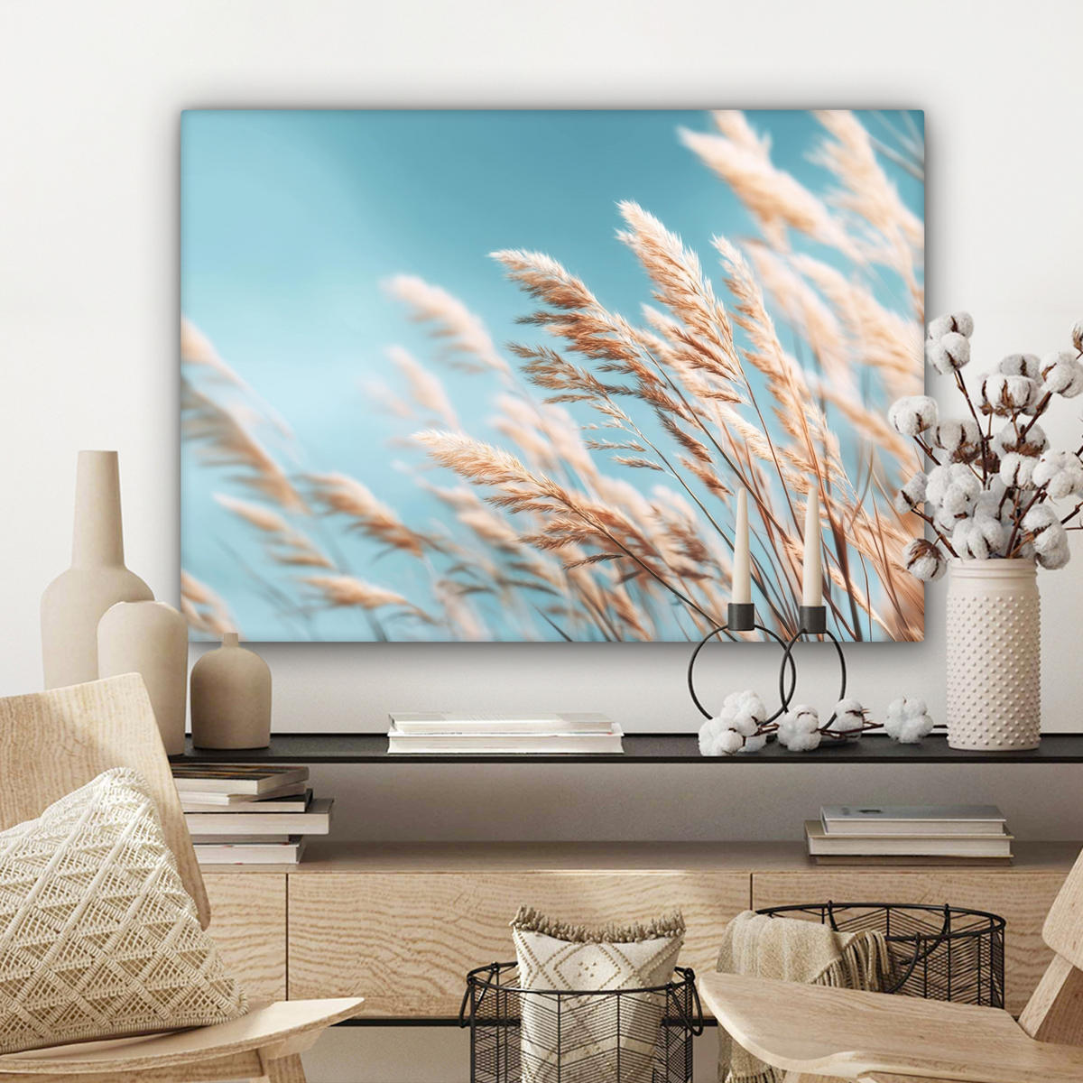 LEINWANDBILD Ziergras - Wind - Hellbraun Wandbilder 80x60 cm - Hellblau, Textil (80/60cm) - MuchoWow