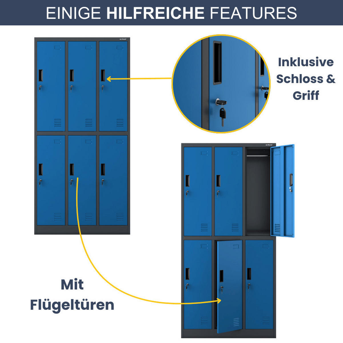 UMKLEIDESCHRANK Spind TOKIO 6 Abteile 185x90x45cm Anthrazit-Blau - Anthrazit, Metall (90/185/45cm) - DELUKE