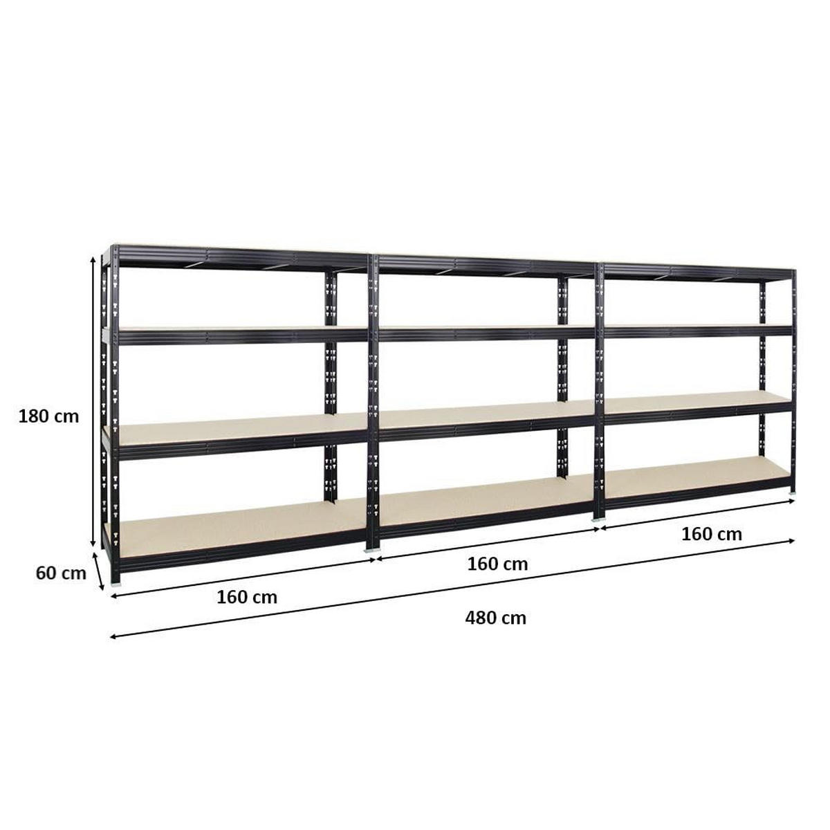 SCHWERLASTREGAL Rhino 3er-Set mit 3x 180x160x60 cm 4 Spanplatten-Ebenen 16mm Fachlast 500 kg Schwarz - Schwarz, Metall (480/180/60cm) - PROREGAL