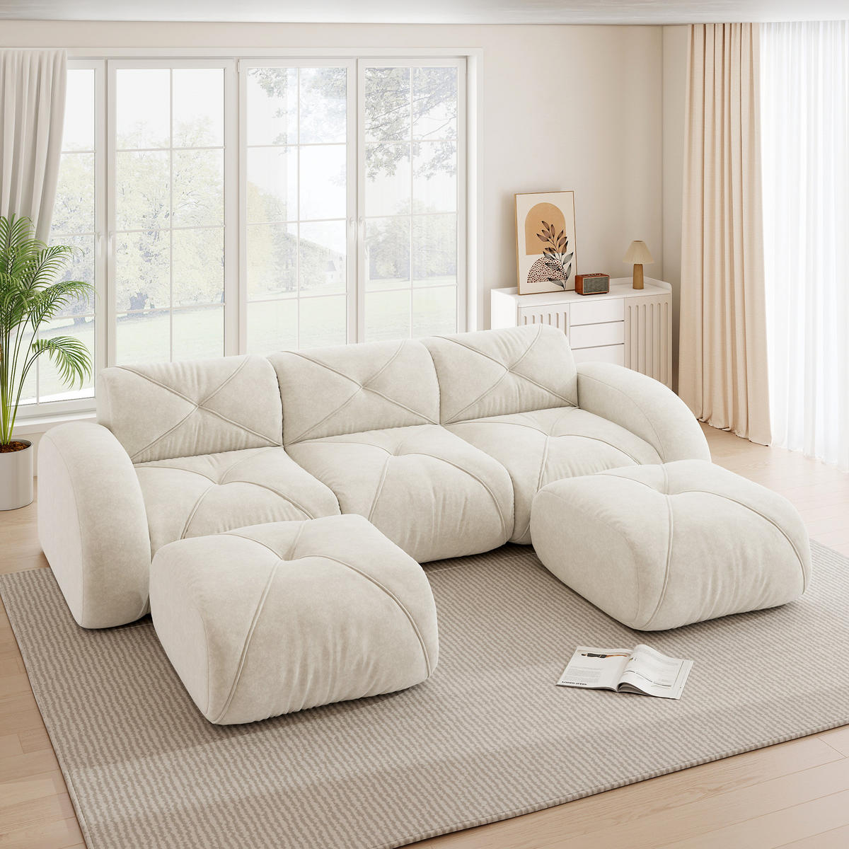 SOFA rahmenloses Modulsofa Chenille White mit 2 Hockern - Weiß, Kunststoff (171/76/281.1cm) - Meubliv