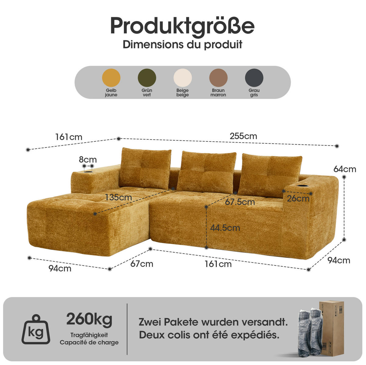 ECKSOFA 258/163/68 cm gelb aus Chenille mit Becherhaltern - Gelb, Textil (258/163cm) - OKWISH