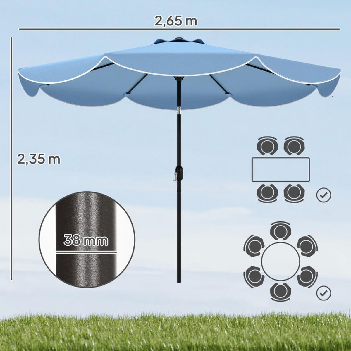 SONNENSCHIRM 265/265/235 cm Blau (Keine Basis) - Blau, Metall (265/265cm) - Oxeza
