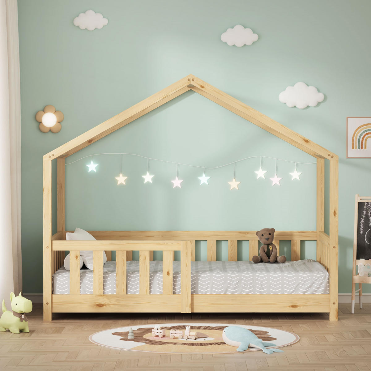 HAUSBETT 70x140 cm Natur aus Kiefernholz mit Rausfallschutz - Beige, Holz (70/140cm) - ML-DESIGN