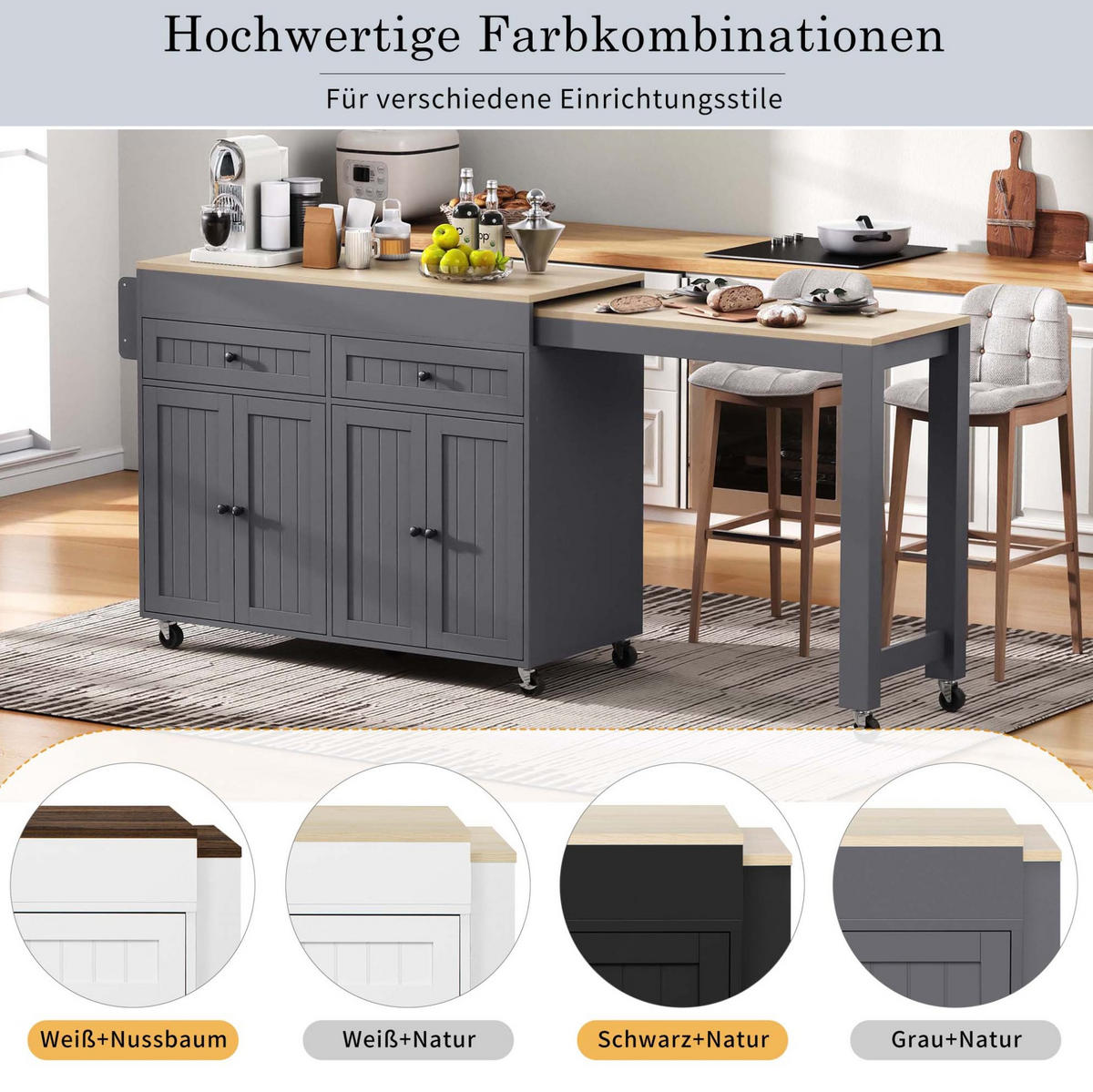 KÜCHENINSEL mit ausziehbarer Arbeitsplatte 112-180,5 x 45 x 92,2 cm Natur/Grau - Grau, Holz (45/92.2/180.5cm) - Beauniv