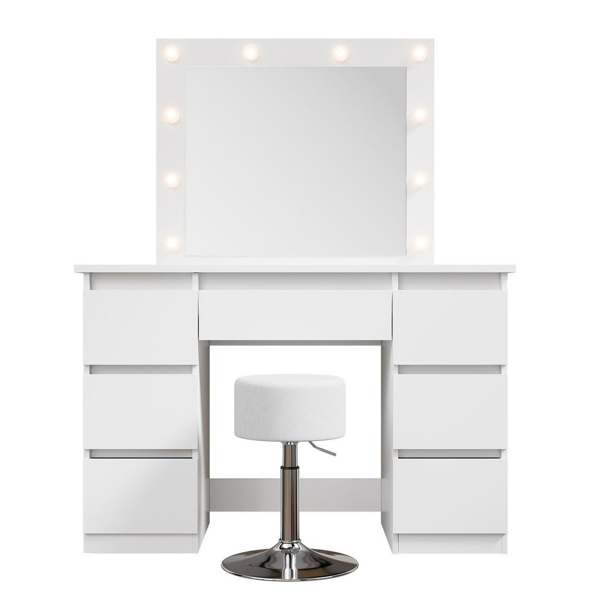 SCHMINKTISCH Talea mit LED (3 Lichtstufen) inkl Hocker Tonia - Weiß, Holz (110/141/40cm) - Juskys