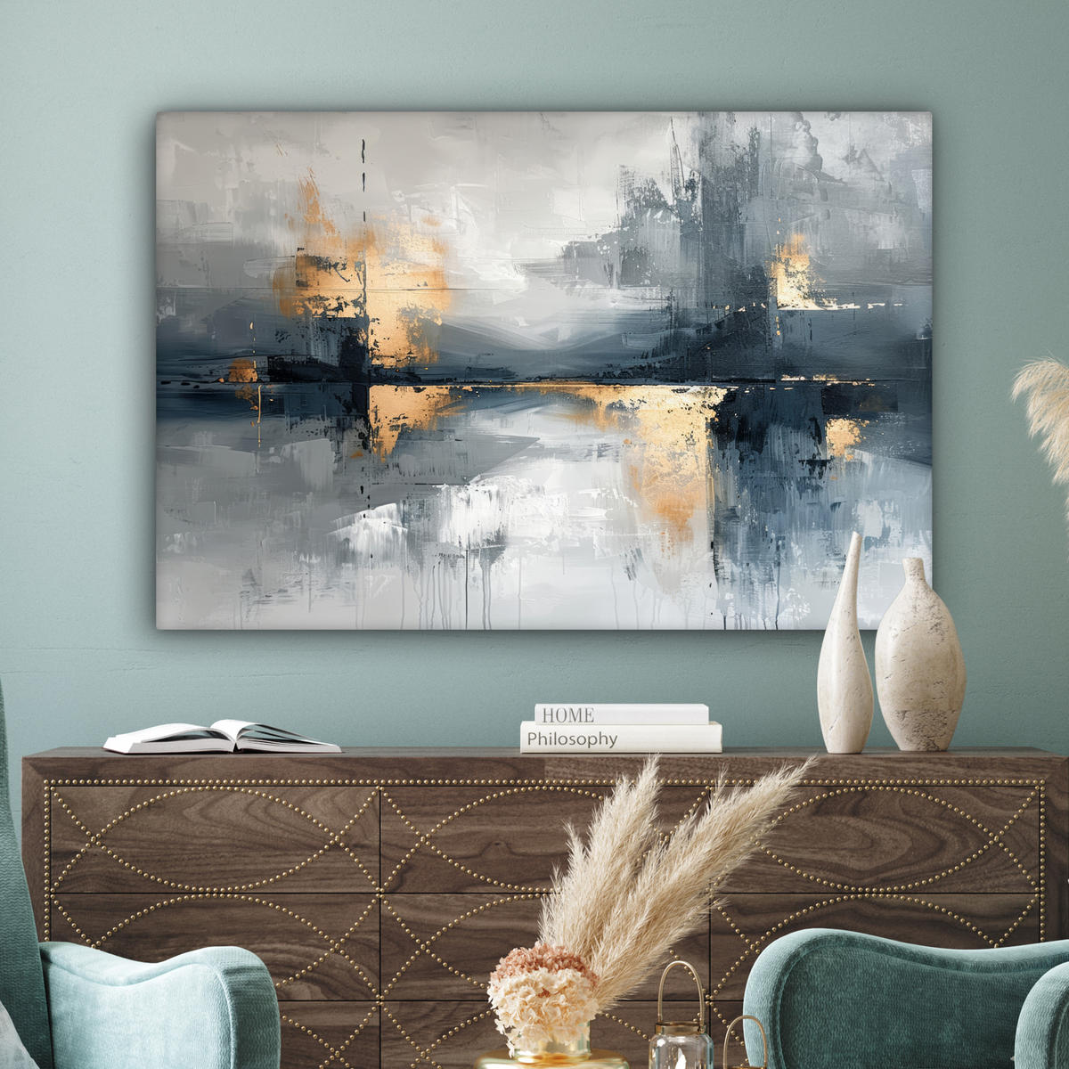 LEINWANDBILD Kunst - Grau - Gold - Abstrakt XXL 150x100 cm - Dunkelgrau, Textil (150/100cm) - MuchoWow