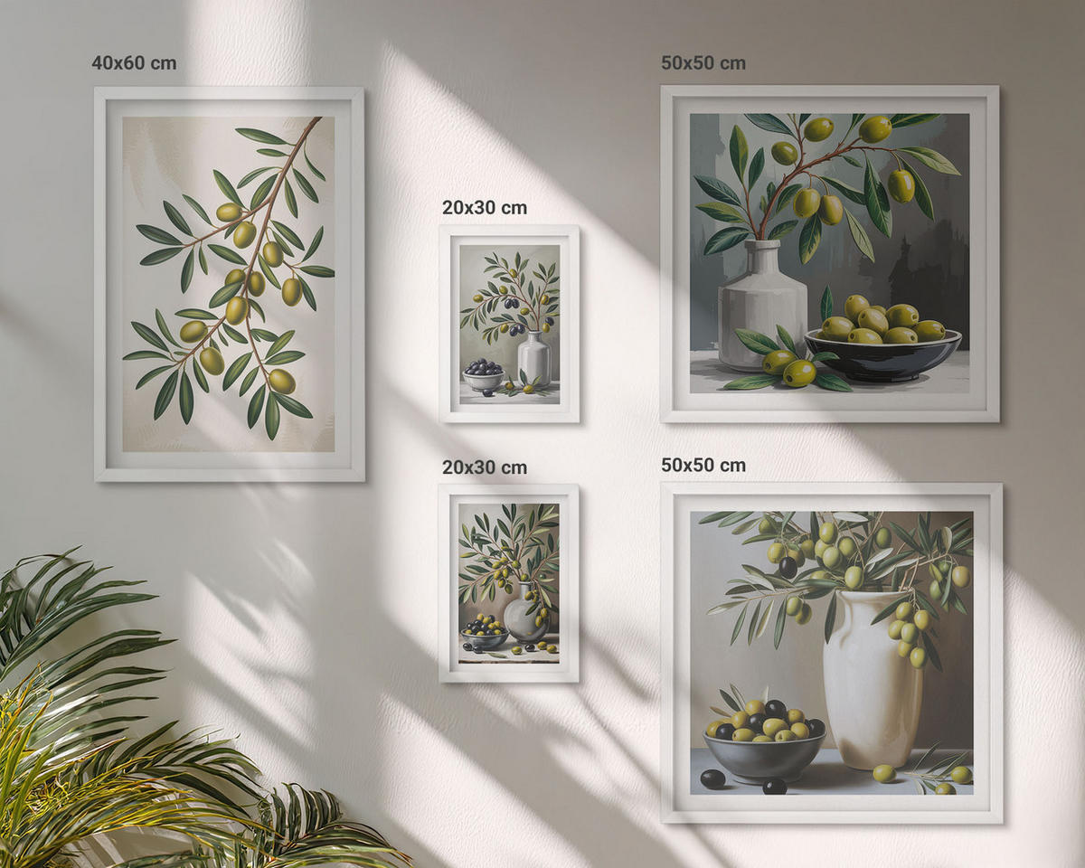 WANDBILDER 5er-Set - 50x50 cm & 20x30 cm & 40x60 cm Weißer Rahmen - Oliven in grauen Vasen - Weiß, Kunststoff (40/60cm) - ArtPrintCave