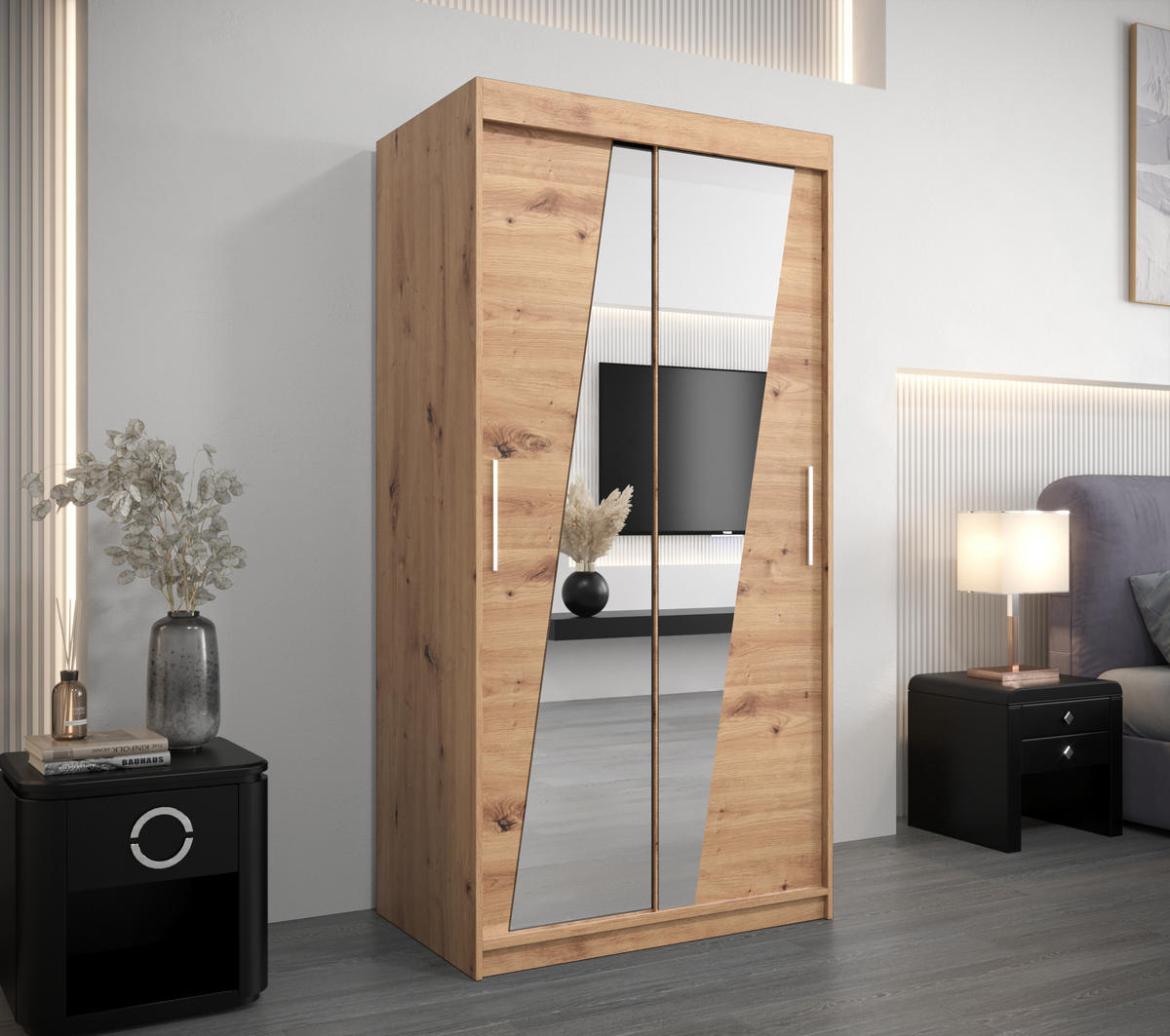 SCHWEBETÜRENSCHRANK 200/100/62 2-türig - Silberfarben/Eiche Artisan, Holz/Kunststoff (100/200/62cm) - MÖBEL KRYSPOL