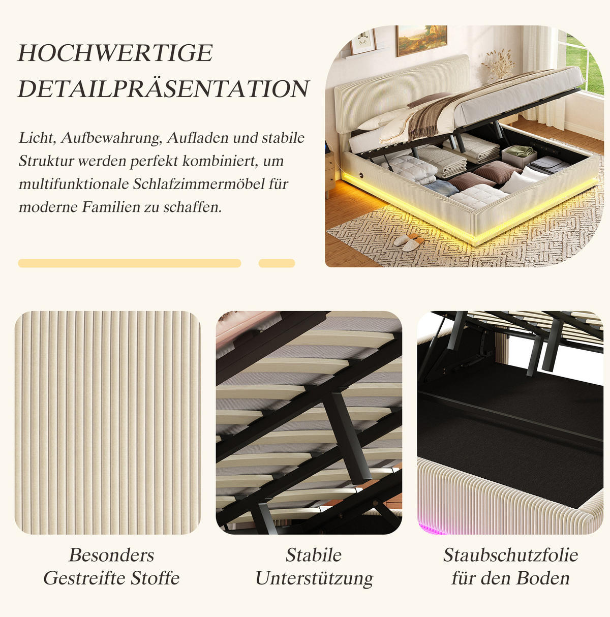 POLSTERBETT 180/200 cm mit LED-Beleuchtung, USB-C-Anschluss, höhenverstellbarem Kopfteil und Stauraum, Beige - Beige, Textil (180/200cm) - Redom