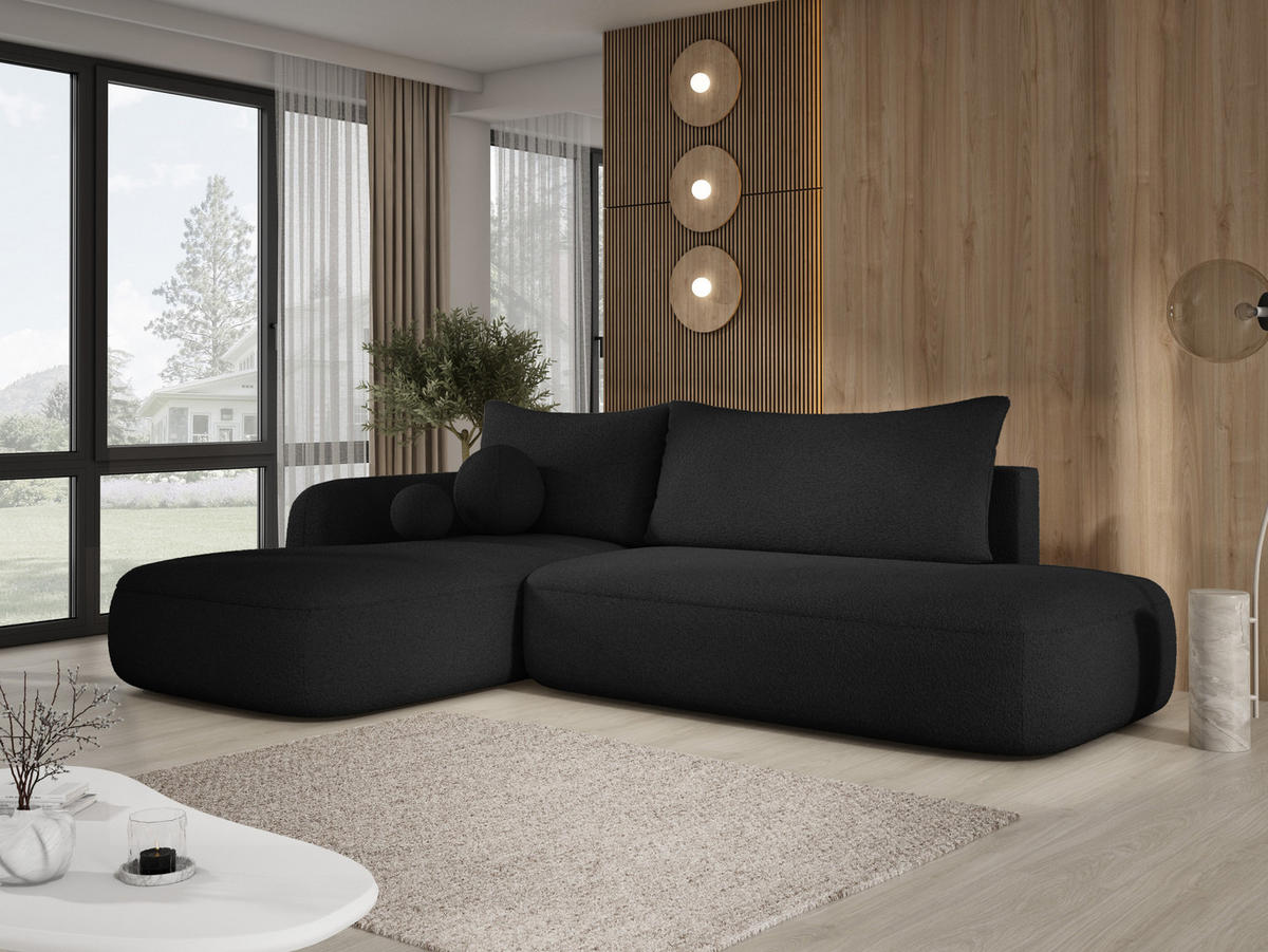 ECKSOFA BABU Mit Bettfunktion – Moderne Polsterecke Für Wohnzimmer Funktionales Schlafsofa Im Stoff NOW OR NEVER, 300x105x60cm, Linke, Schwarz - Schwarz, Holz/Textil (190/300cm) - DomoHome