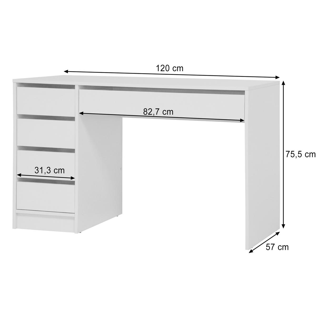 SCHREIBTISCH Malta mit 5 Schubladen, grifflos, Weiß - Weiß, Holzwerkstoff (57/120/75.5cm) - Beautysofa