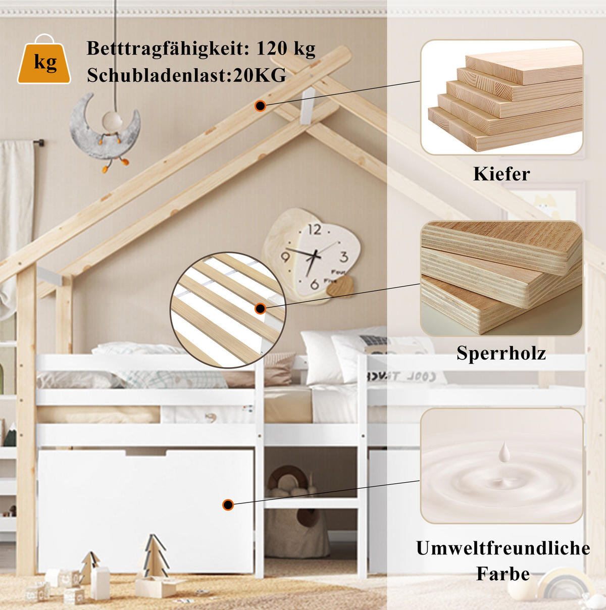KINDERBETT 90/200 cm mit Hausdach, Treppe, 2 Schließfächern und Rundum-Absturzsicherung, Weiß/Natur - Weiß, Holzwerkstoff (90/200cm) - Redom