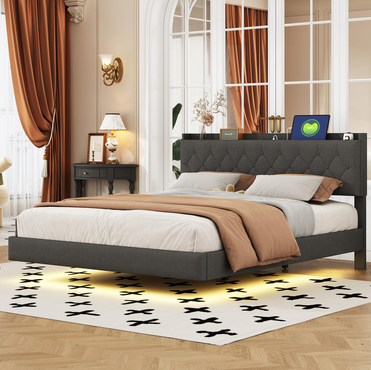 ČALÚNENÁ posteľ z látky a kovu 160x200 cm sivá s LED osvetlením, USB portom a úložným priestorom - sivá, textil (160/200cm) - Modfu