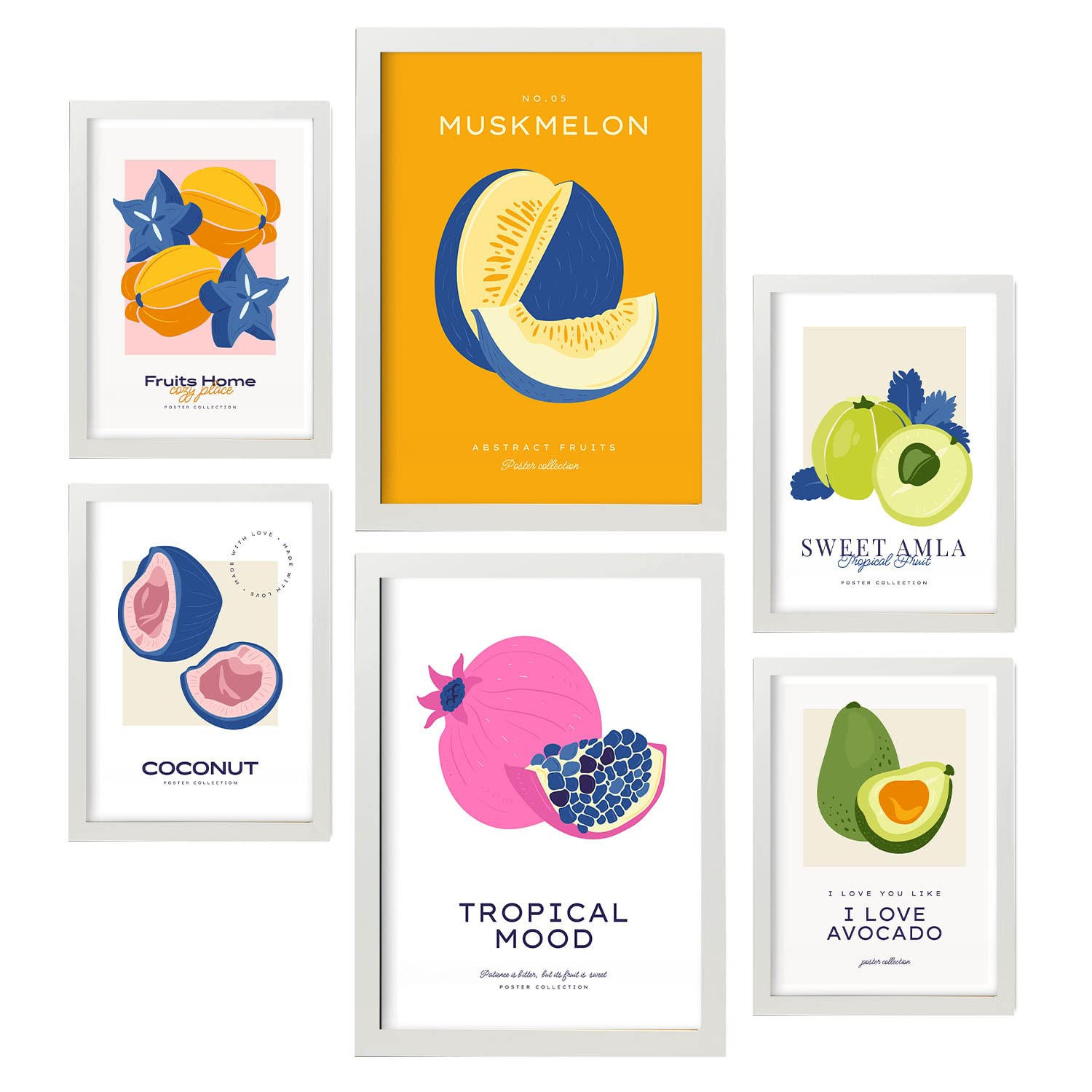 POSTER Set Mit 6 Lebensmittel Und Ernährungs Tropische Umgebung A3 & A4 Weißer Rahmen - Weiß, Papier (29/3cm) - Nacnic