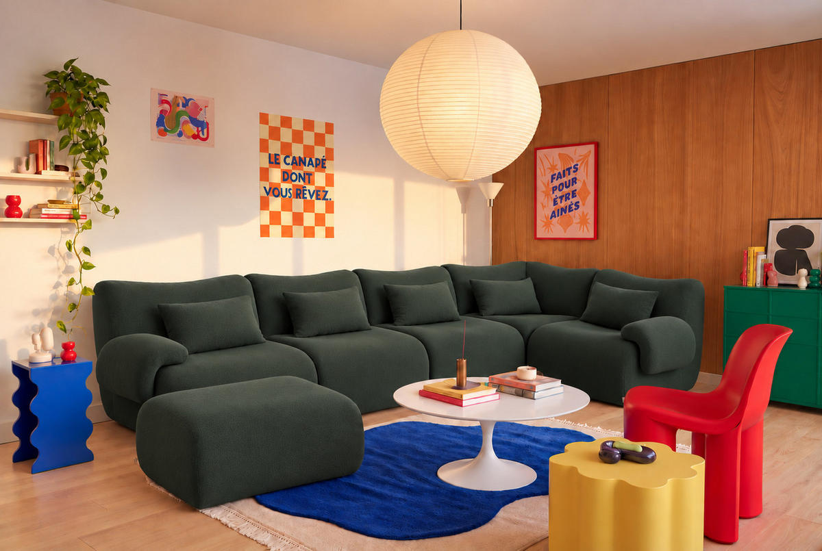 VEĽKÁ modulárna sedacia súprava bouclé tkanina lesná zelená - lesná zelená, textil (356/73/190cm) - MILYsofa