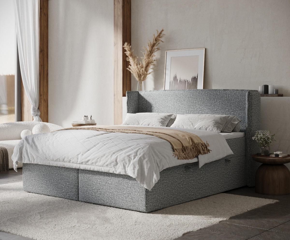 BOXBETT Skyline Grau 180/200 cm mit Matratze und Topper - Schwarz/Grau, Holz/Holzwerkstoff (180/200cm) - Maison de Reve