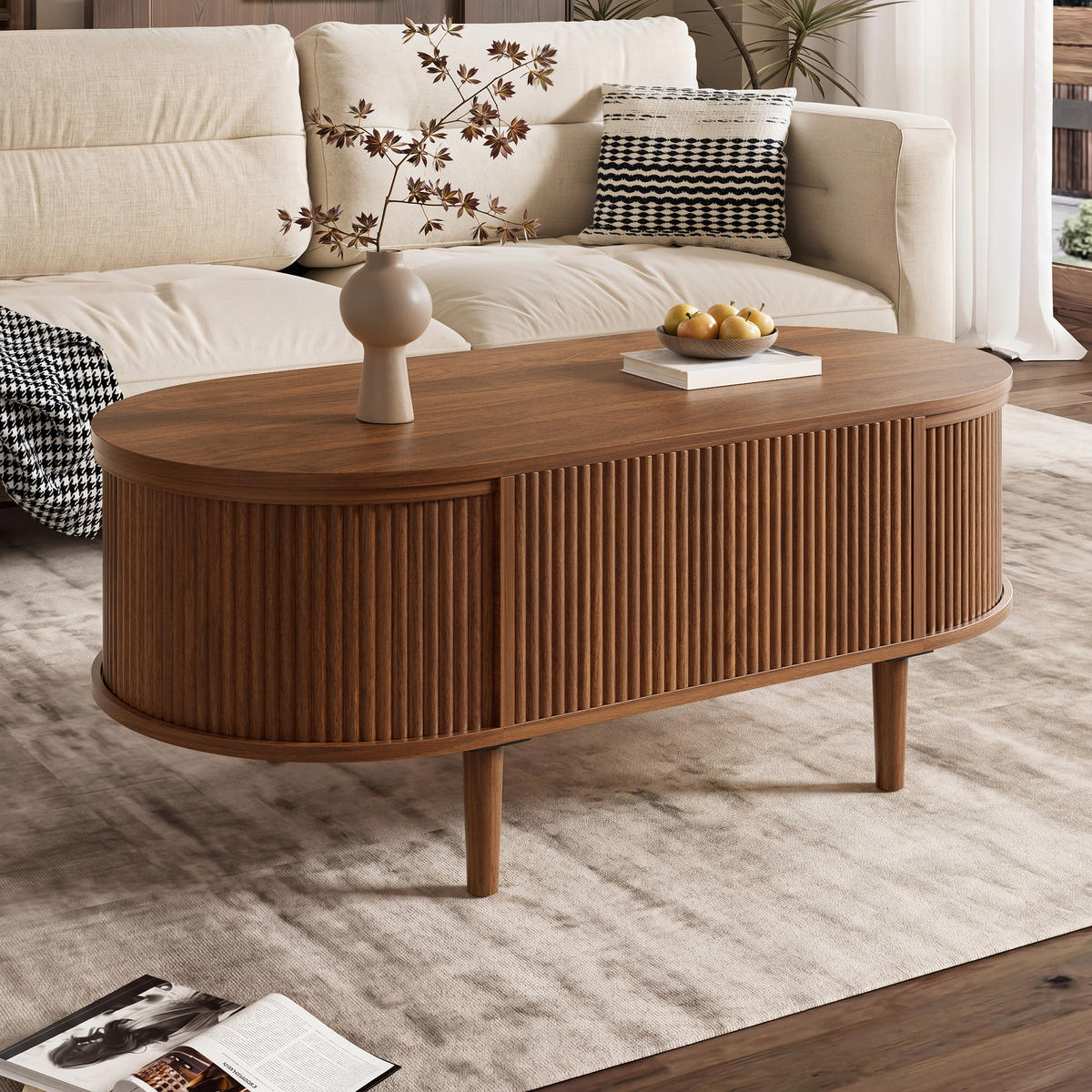 KONFERENČNÍ STŮL v dekoru dřeva, oválný s nastavitelnou výškou a úložným prostorem, 100×48×54,5 cm - tmavě hnědá, kompozitní dřevo (48/100/54.5cm) - STILVORA