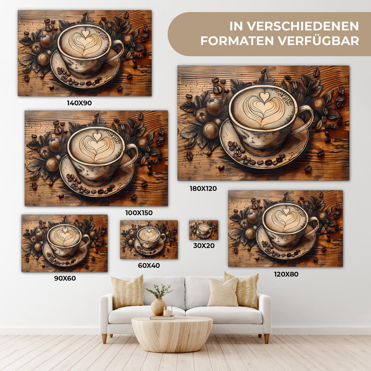 LEINWANDBILD Kaffee - Vintage - Braun - Tasse - Holz XXL 150x100 cm - Braun, Textil (150/100cm) - MuchoWow