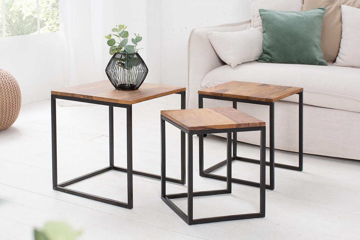 BEISTELLTISCH ELEMENTS Sheesham Natur 40 cm 3er Set - Schwarz/Naturfarben, Holz/Metall (40/40/42cm) - riess-ambiente