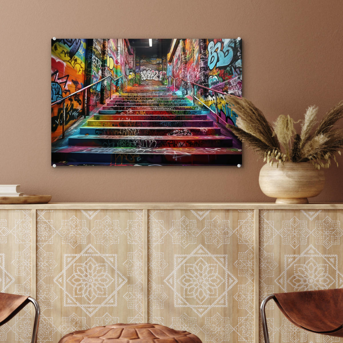 ACRYLGLASBILD Treppe - Graffiti - Farben - Kunst 60x40 cm - Multicolor, Glas (60/40cm) - MuchoWow