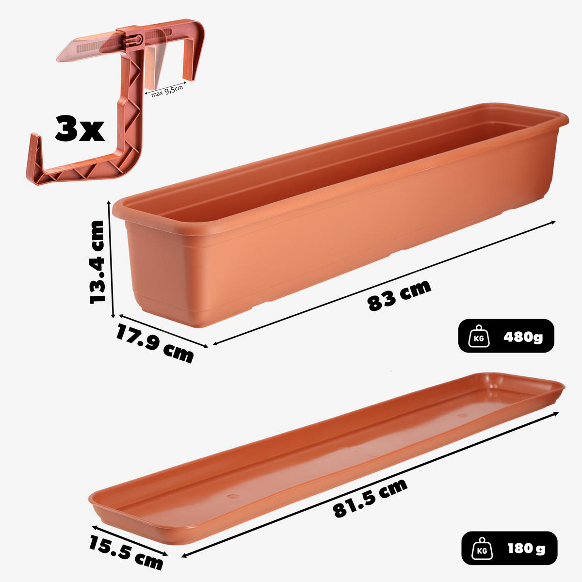 BALKONKASTEN mit Untersetzer und Griffen 80 cm, Terrakotta - Terra cotta, Kunststoff (18/83cm) - KADAX