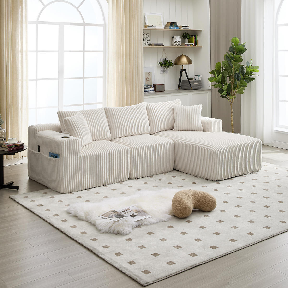 ECKSOFA Inklusive 5 Kissen,seitlicher Stauraum und Getränkehalter, Beige - Beige, Textil (160/257cm) - KOMHTOM