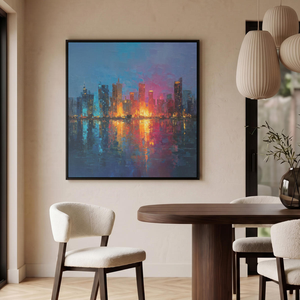 LEINWAND Bilder mit Rahmen - Skyline - Pinselstriche - Dunkelblau - Leuchtend - 90x90 - Blau, Textil (90/90cm) - MuchoWow