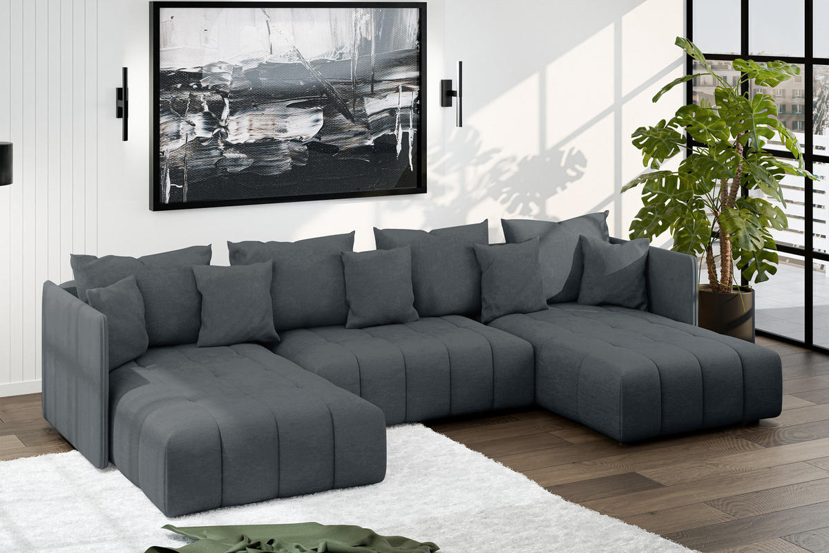 WOHNLANDSCHAFT Mersino Grau 353/180/83 cm – Wohnlandschaft fürs Wohnzimmer - Schwarz/Grau, Kunststoff/Textil (353/83/180cm) - AX Living
