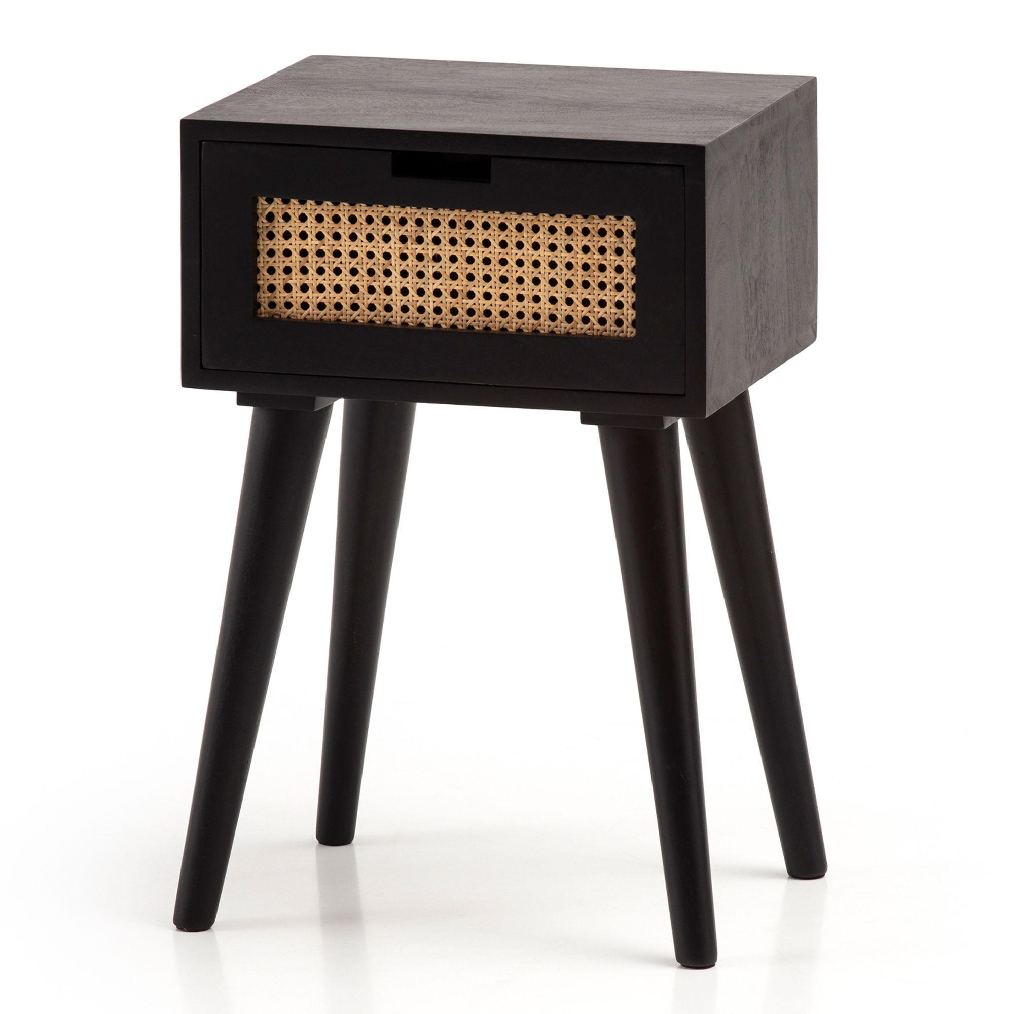 NACHTTISCH – Mango Massivholz/Rattan, 40x60x30 cm, Schwarz, 1 Schublade, Wiener Geflecht - Schwarz, Holz (40/60/30cm) - KADIMA DESIGN