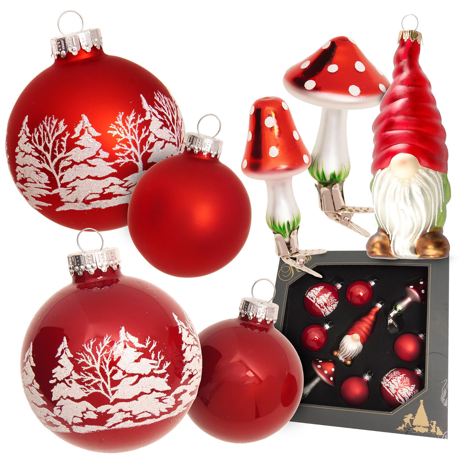CHRISTBAUMSCHMUCK Sortiment Skandinavien Rot 10cm (Glas / 9 Stk.) - Rot, Glas (7/10/5cm) - Krebs Glas Lauscha