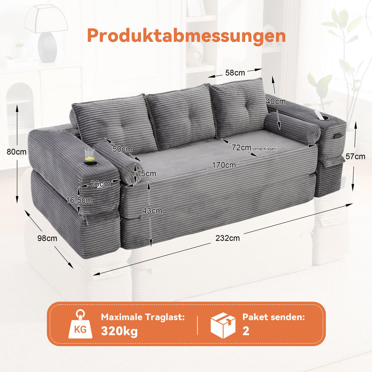 SCHLAFSOFA, 2-in-1 Klappsofa mit Getränkehalter, Modulares Bodensofa Cordstoff, Dunkelgrau - Dunkelgrau, Textil (232/80/98cm) - LVHOM