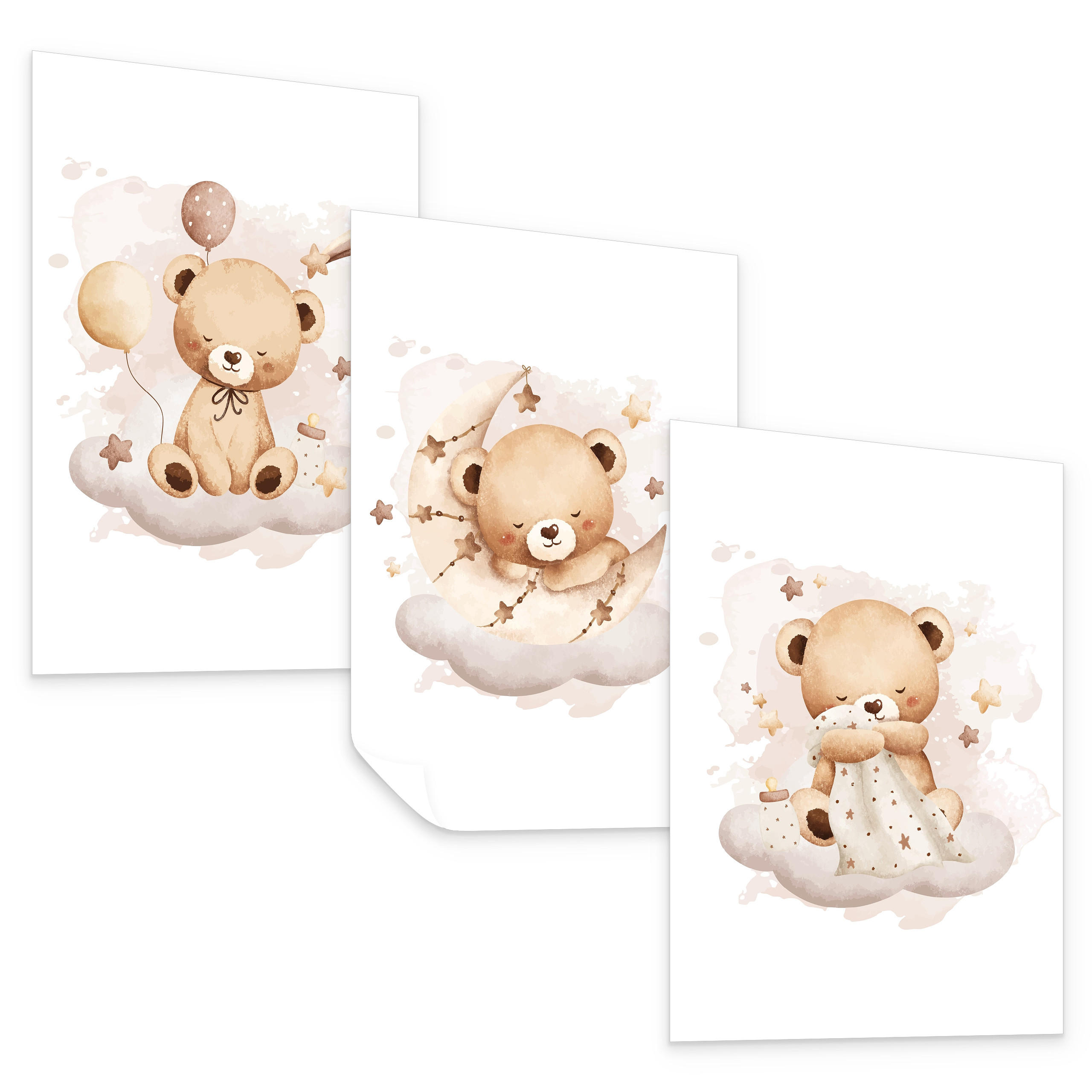 SADA PLAGÁTOV Do Detskej Izby Spiace Medvede Na Oblakoch Hviezdy 3x Plagát A3 30 x 42 cm - hnedá/biela, papier (30/42/1cm) - Muralo
