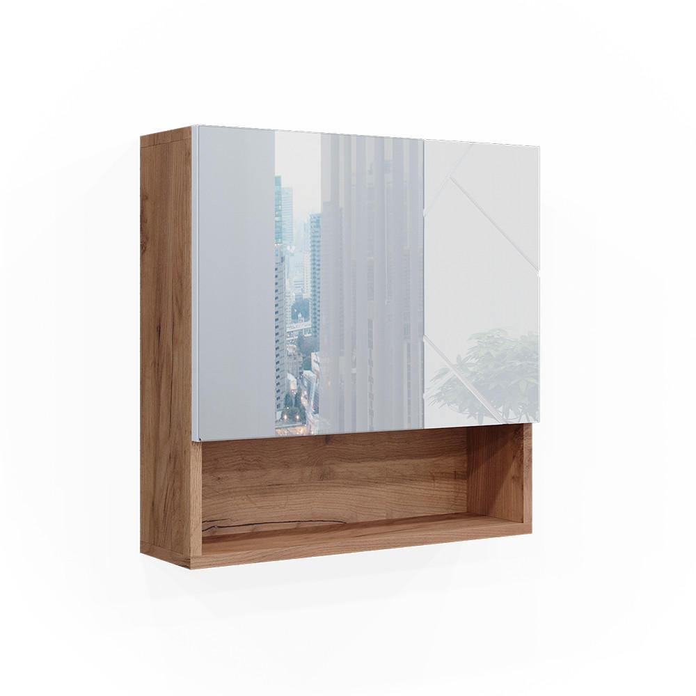 BADSPIEGELSCHRANK Irma Weiß Hochglanz/Goldkraft Eiche 54 x 55 cm - Weiß Hochglanz/Eiche Wotan, Holzwerkstoff (54/55/16.9cm) - Vicco