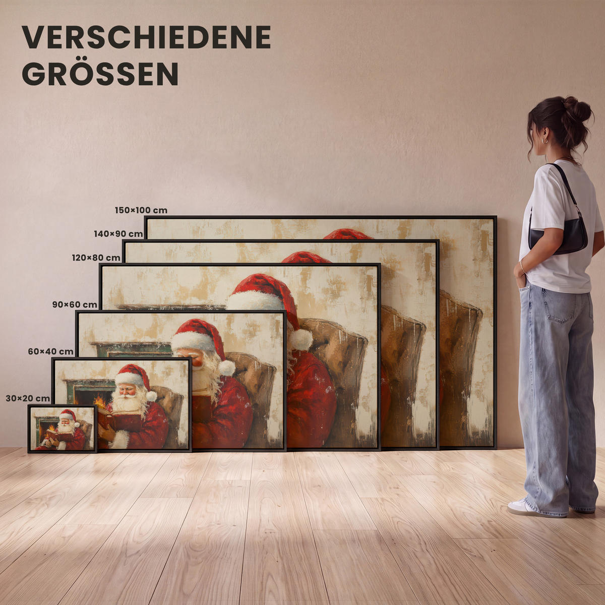 LEINWAND Bilder mit Rahmen - Weihnachten - Weihnachtsmann - Winter - Open Fireside - 60x40 - Dunkelrot, Textil (60/40cm) - MuchoWow